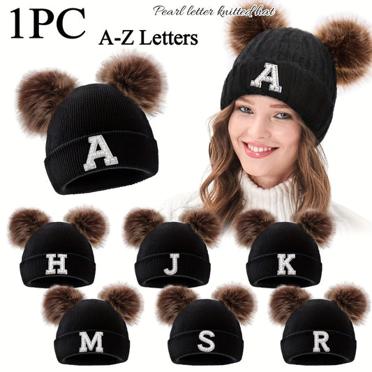 Chic Pearl Letter Knit Beanie with Pom-Pom Ears