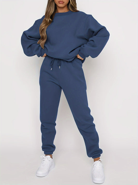 Two-piece Solid Casual Set: Crew Neck Long Sleeve Top & Drawstring Jogger Pants