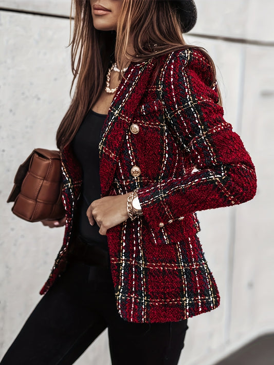 Elegant Plaid Tweed Double-breasted Notched Lapel Blazer