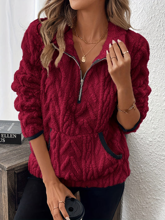 Fashion Fuzzy Sweatshirt with Lapel Collar & Zipper Detail