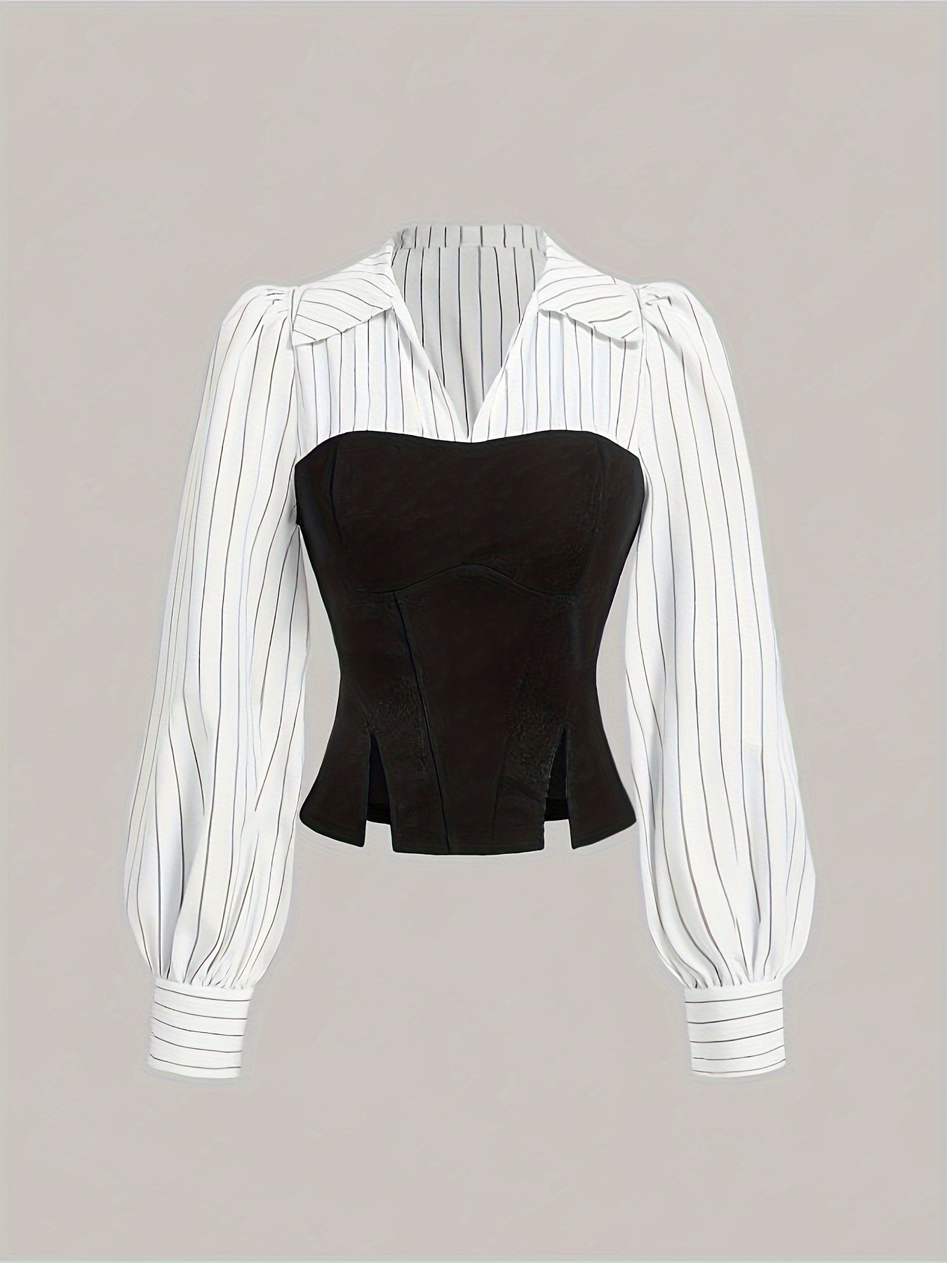 Elegant Business Women's Striped Collar Shirt with Color Block Design