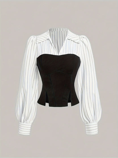 Elegant Business Women's Striped Collar Shirt with Color Block Design