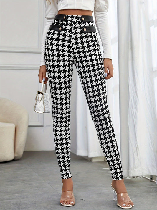 Stretchy Houndstooth Print Skinny Pants with Faux Button Detail