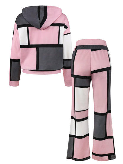 NEW! Two-piece Long Sleeve Color Block Hoodie & Drawstring Pants Set