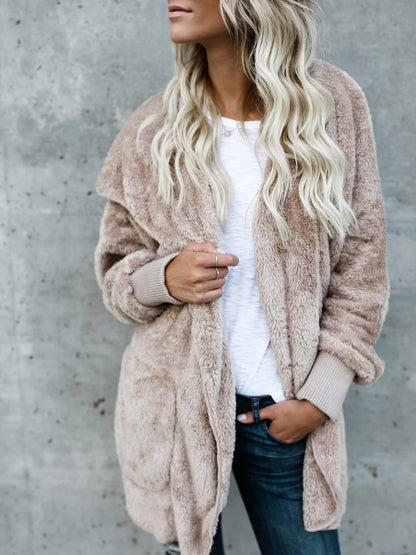 Fuzzy Solid Hooded Coat