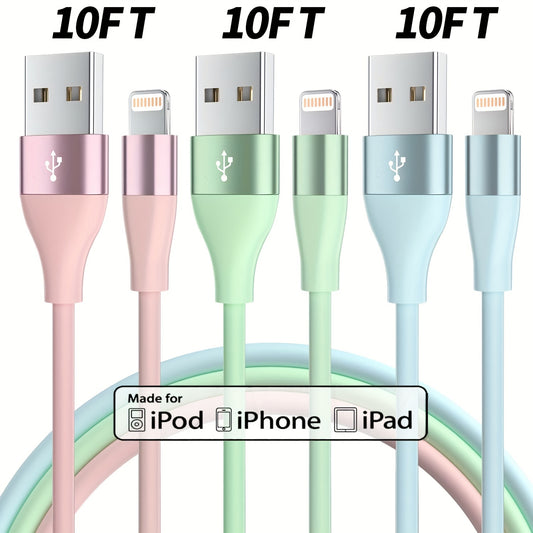 3PCS 10FT MFi Certified Fast Charging Lightning Cable - Durable, High-Speed Charging for iPhone 14/13/12/11 Pro Max/XR/XS/X/8/7/6 Plus/SE - Apple Certified, Safe, and Reliable