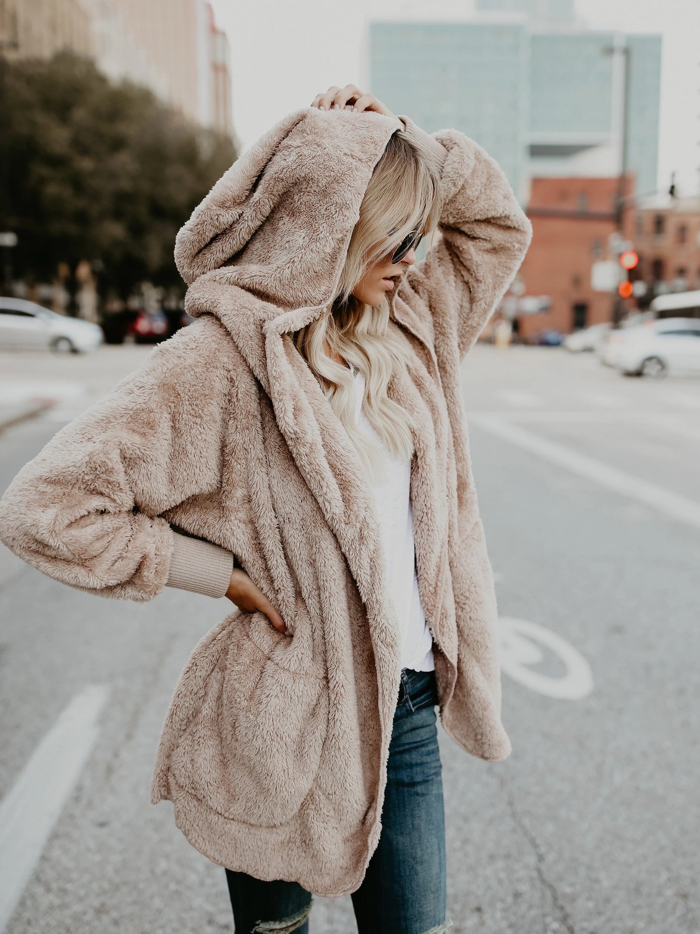 Fuzzy Solid Hooded Coat