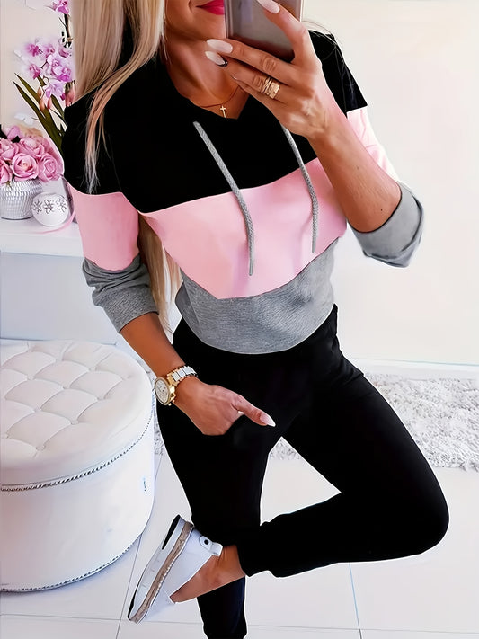 NEW! Casual Comfy Two-piece Set, Color Block Drawstring Hoodie & Solid Jogger Pants