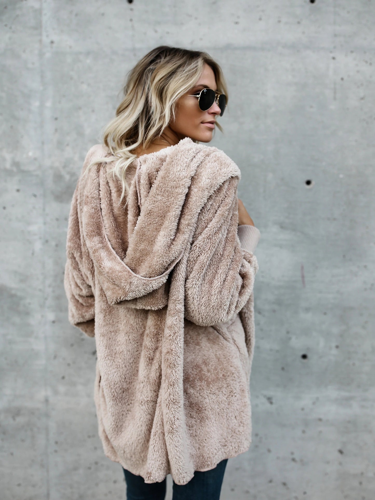 Fuzzy Solid Hooded Coat