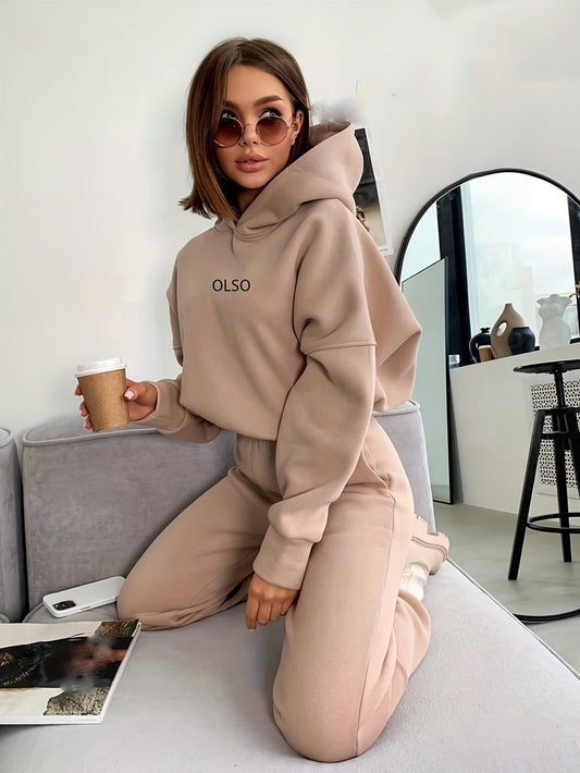 BEST SELLER! Two-piece Set: Long Sleeve Letter Print Hooded Sweatshirt & Elastic Waist Sweatpants