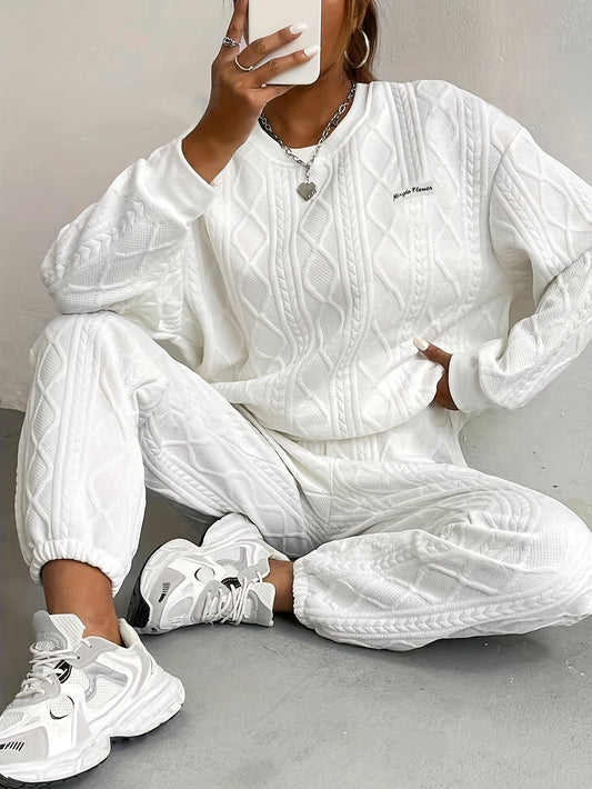 Cozy Two-Piece Outfit - Soft Letter Print Crew Neck Sweatshirt & Sporty Sweatpants